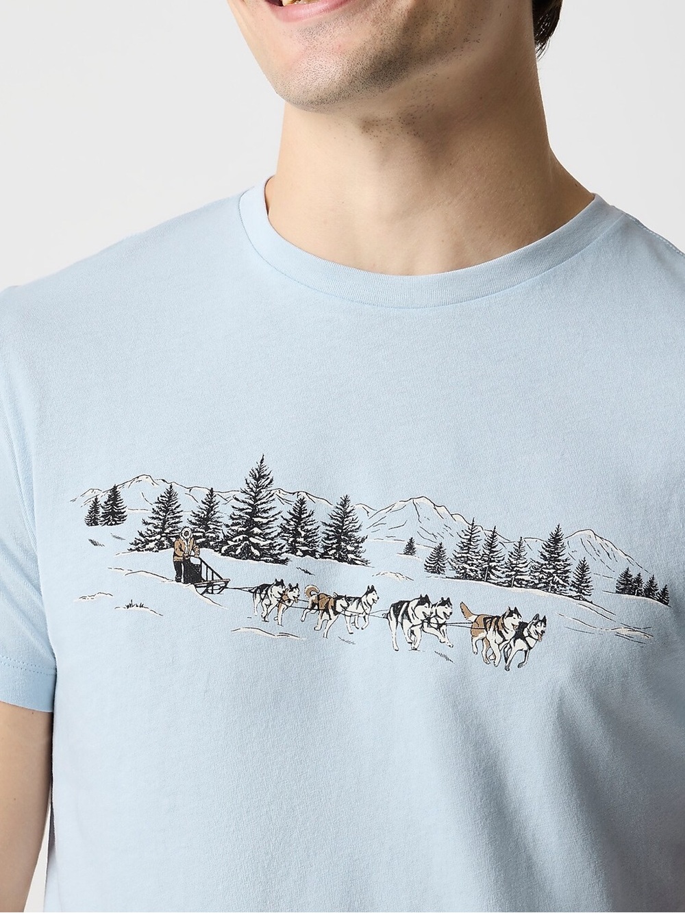 NWT J. Crew Men's Light Blue Short-Sleeve Graphic Tee with Sled Dog Print